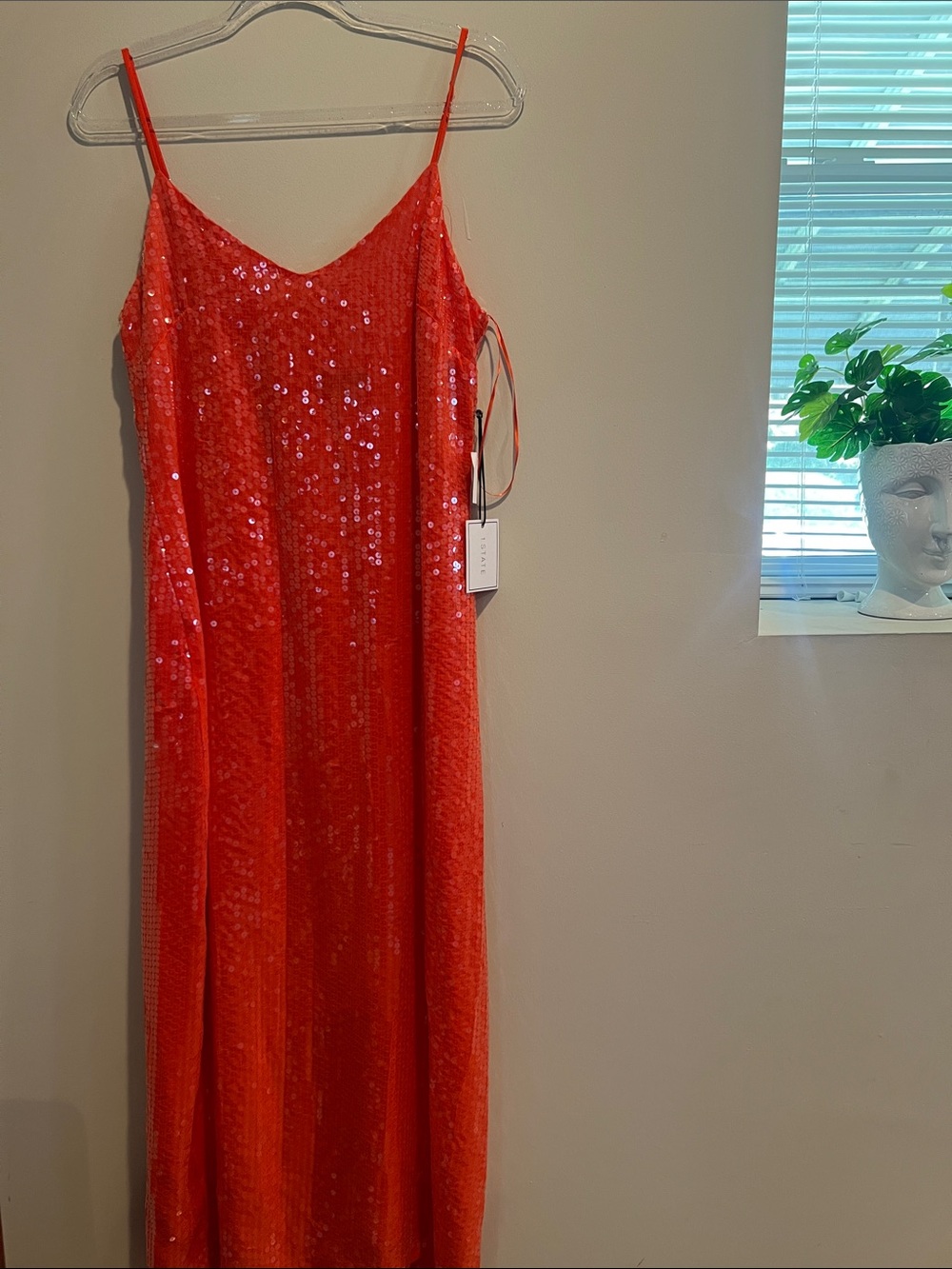 1.STATE Orange Sequin Slip Gown with Spaghetti Straps